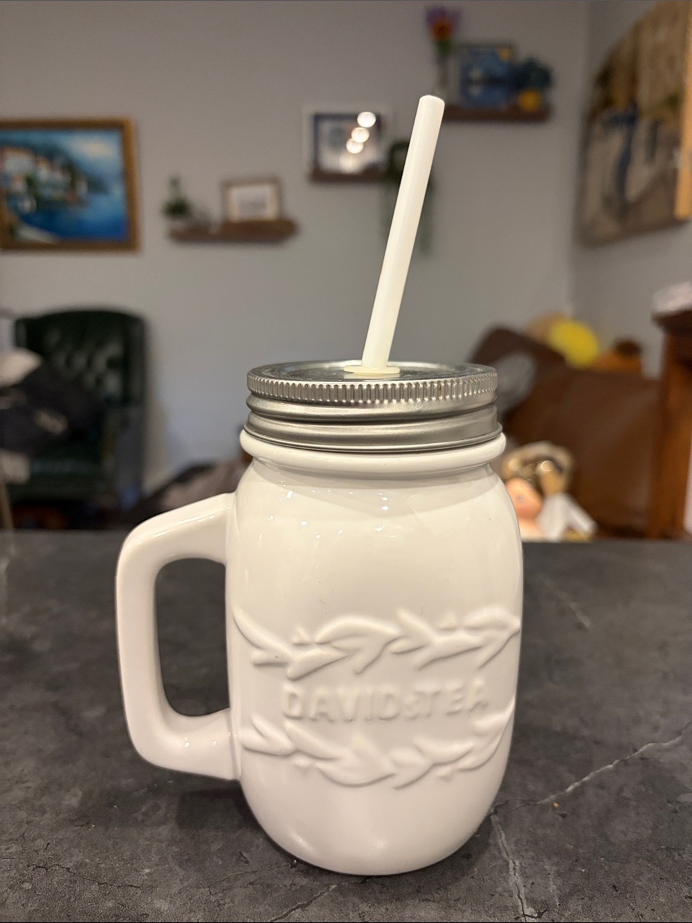 Davidstea White Ceramic Mason Jar Mug with Straw